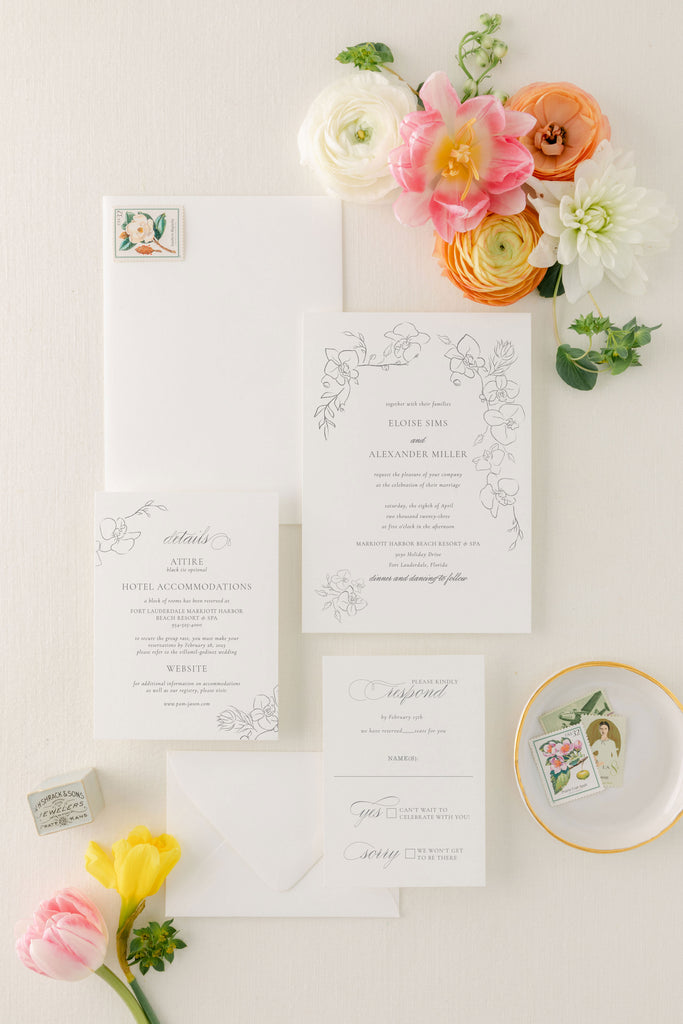 Whimsical wedding invitation suite with line drawn orchid flowers