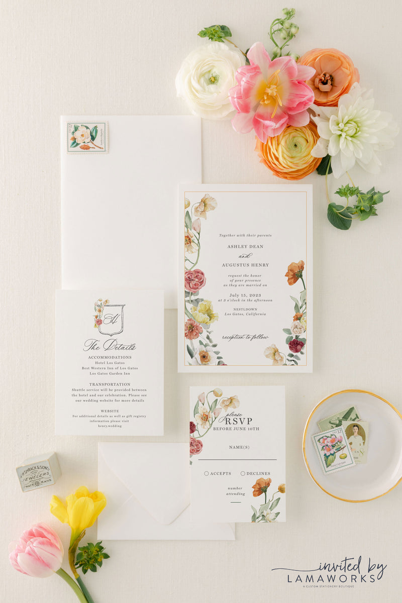 Watercolor Floral Printed Menu Cards in Peach, Pink or Blue | Madison