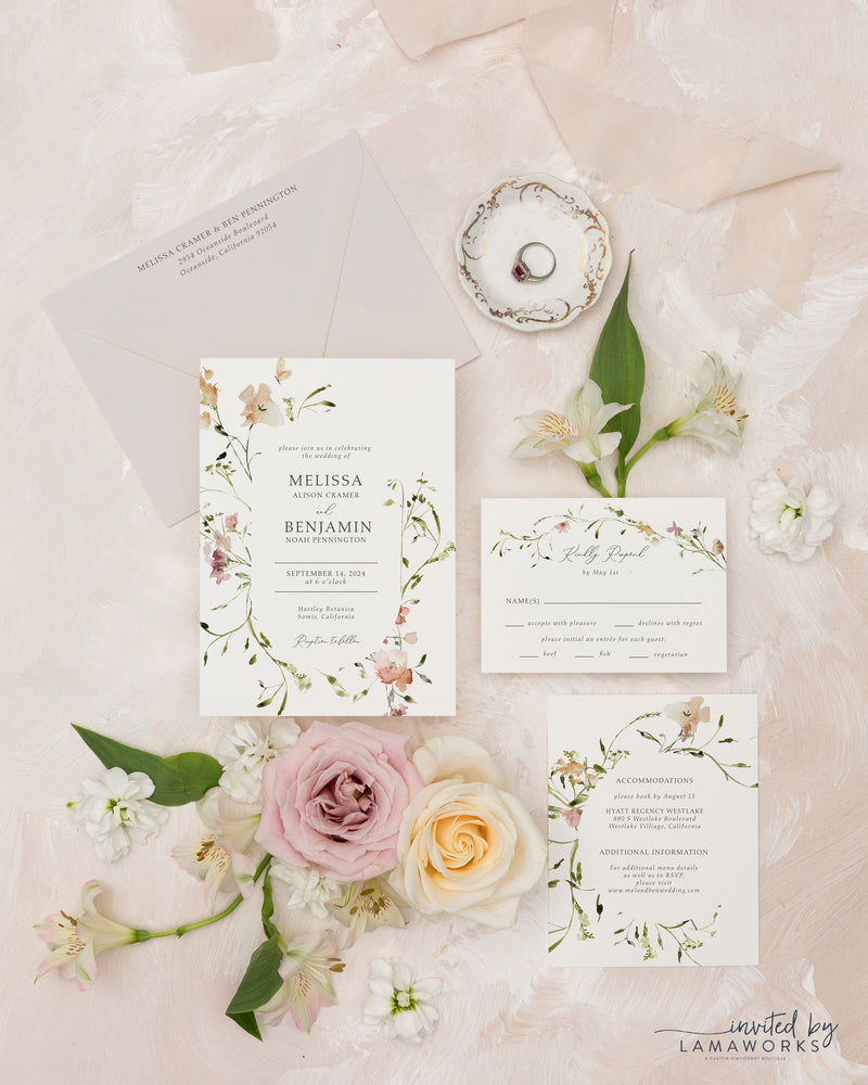 Dusty Blue Classic, Elegant Wedding Invitation Suite with Monogram Crest and Fine Art Envelope LIner || Evangeline
