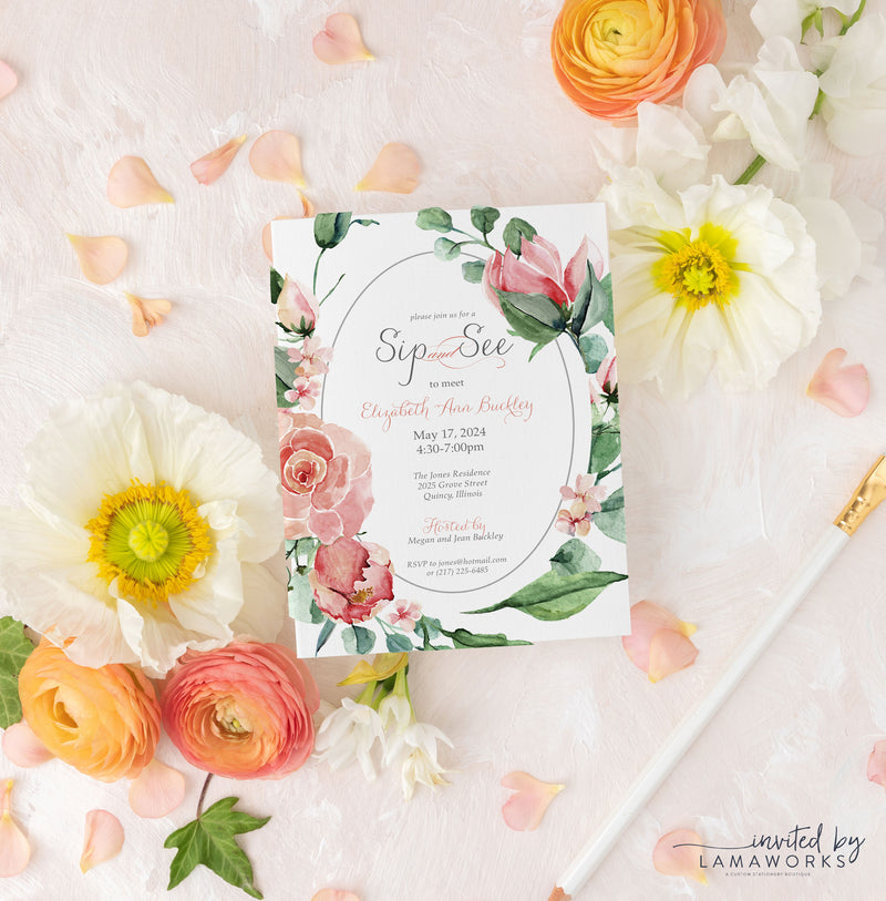 Floral Sip and See Baby Shower Invitation - Pink Roses