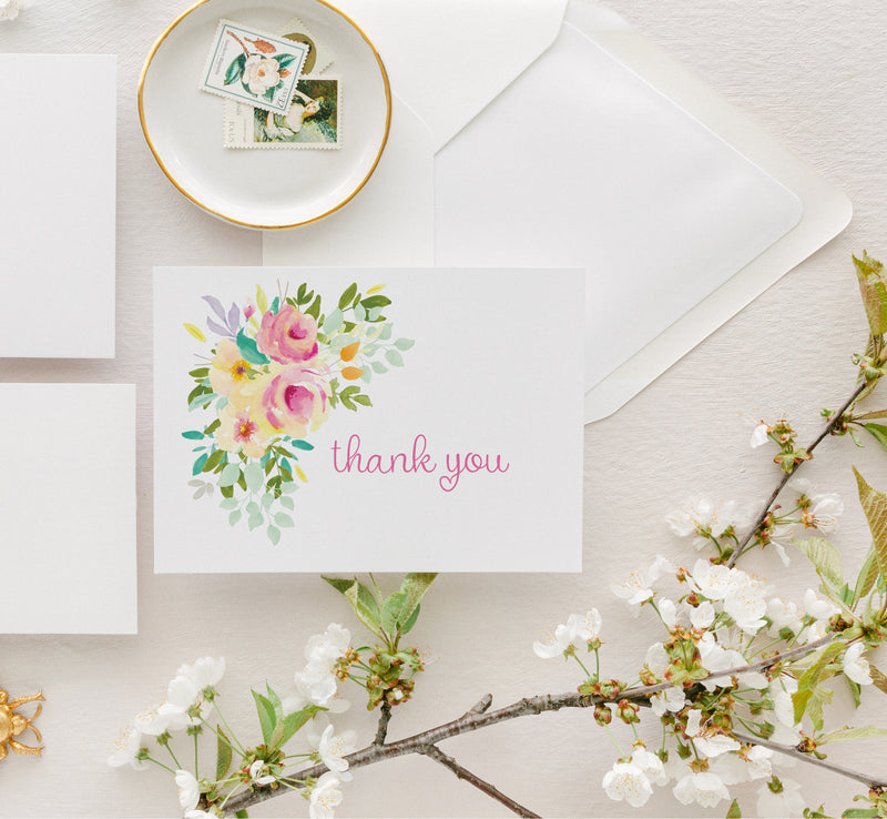 Peach and Pink Watercolor Floral Thank You Card Set