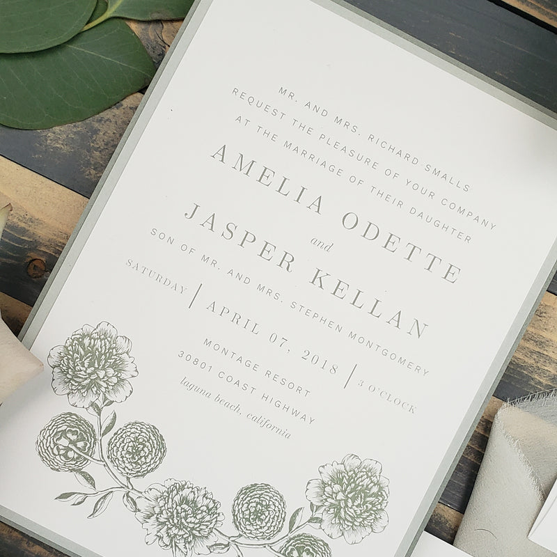 neutral, gray and sage classic floral wedding invitations