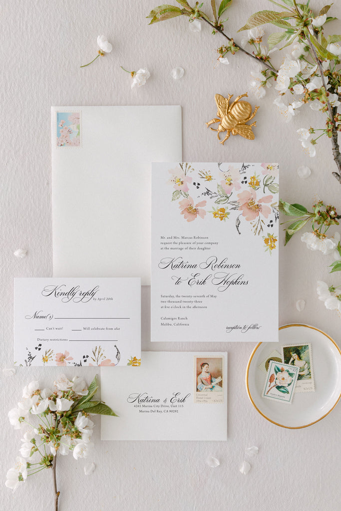 peach yellow and pink floral wedding invitation suite