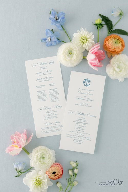 A sophisticated wedding program, prominently featuring the couple's names in elegant calligraphy. Below, a detailed itinerary under 'Order of Events' is set against a crisp, white paper.