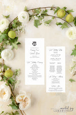 A chic wedding program with a minimalist aesthetic, presenting the couple's names in refined typography at the top. Following, 'The Ceremony' details arranged on a pristine white backdrop