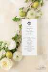 An elegantly designed wedding program, featuring a crisp white background housing a mix of traditional and cursive typography. The left side displays a detailed itinerary under the headline 'Order of Service', while the right side shares a heartfelt note of thanks from the bride and groom