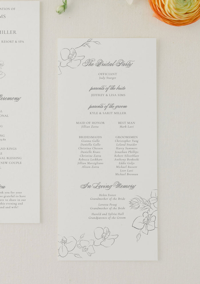 wedding ceremony program with flowers and bridal party list