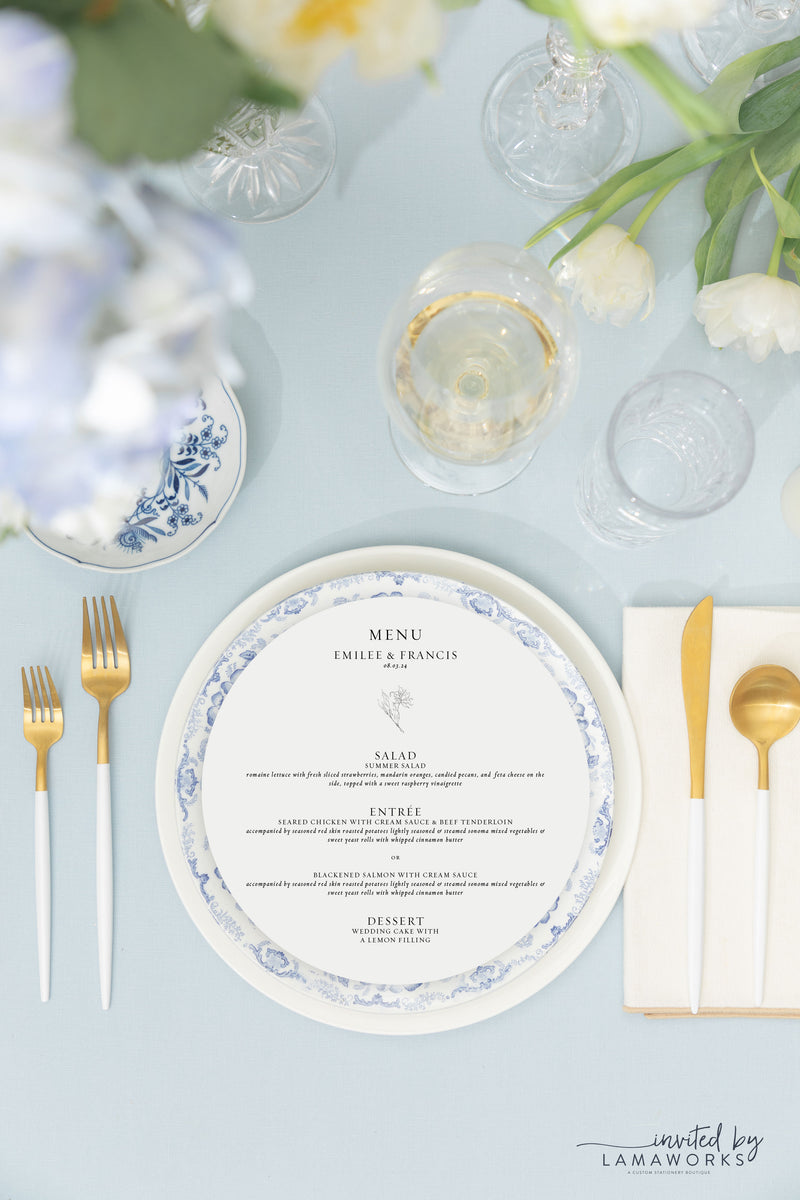 Modern Wedding Menu with Thank You Note | Amy