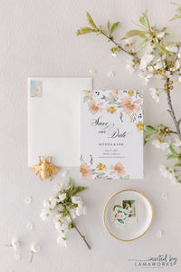 watercolor floral save the date in muted pastels