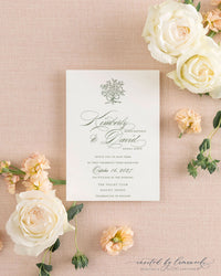 Close-up of the Kim wedding invitation featuring sage green script calligraphy and a botanical bouquet illustration on ivory cardstock