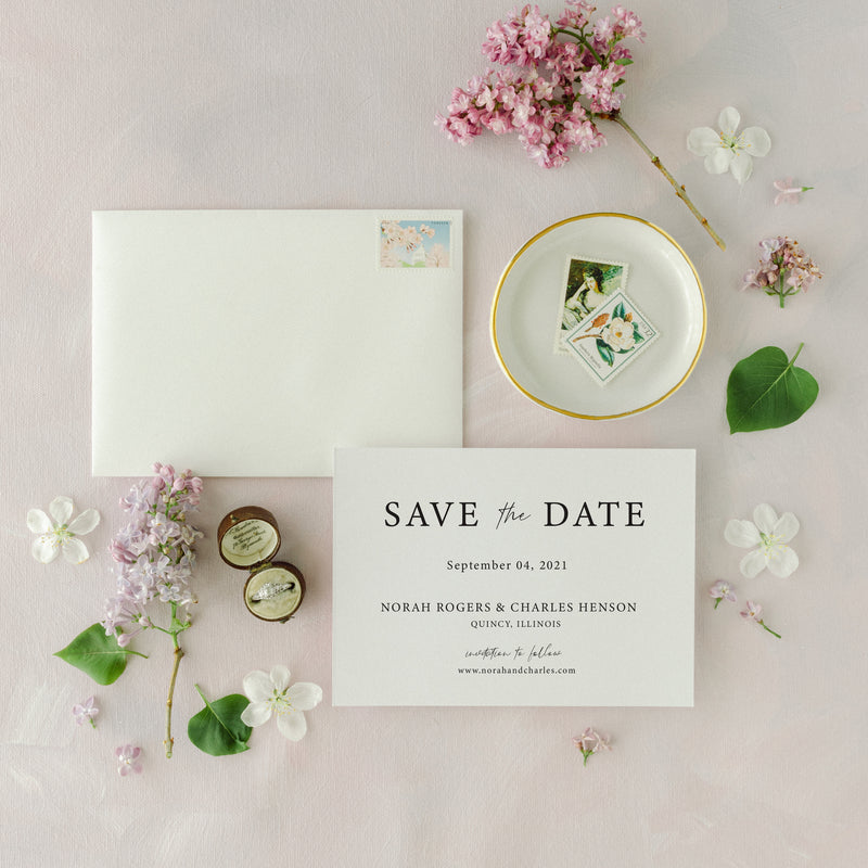 wedding save the date card with a minimalist and classic design