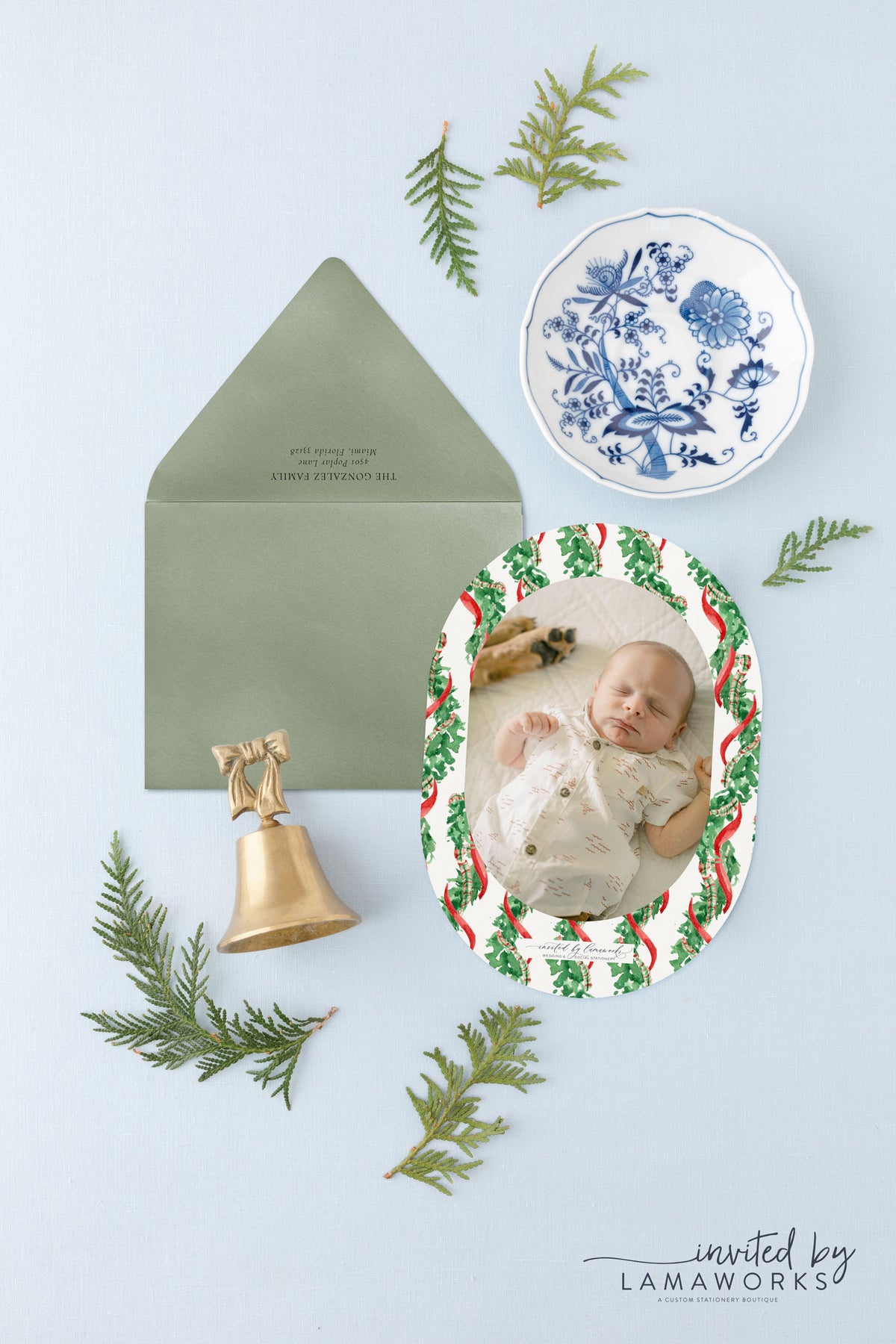 Red Bow Garland Oval Christmas Card