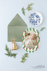 Red Bow Garland Oval Christmas Card