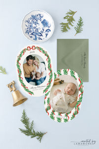 Red Bow Garland Oval Christmas Card