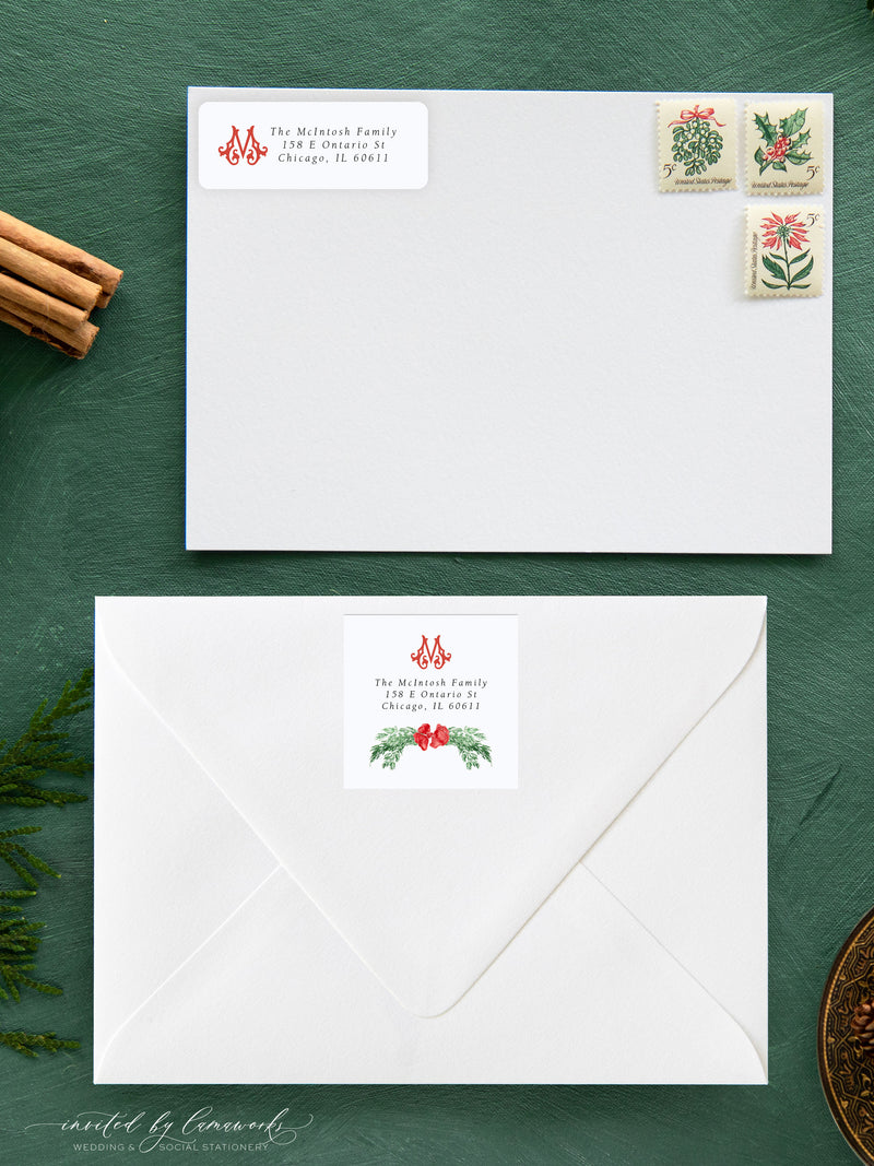 Red Bow Monogram Swag Return Address Label