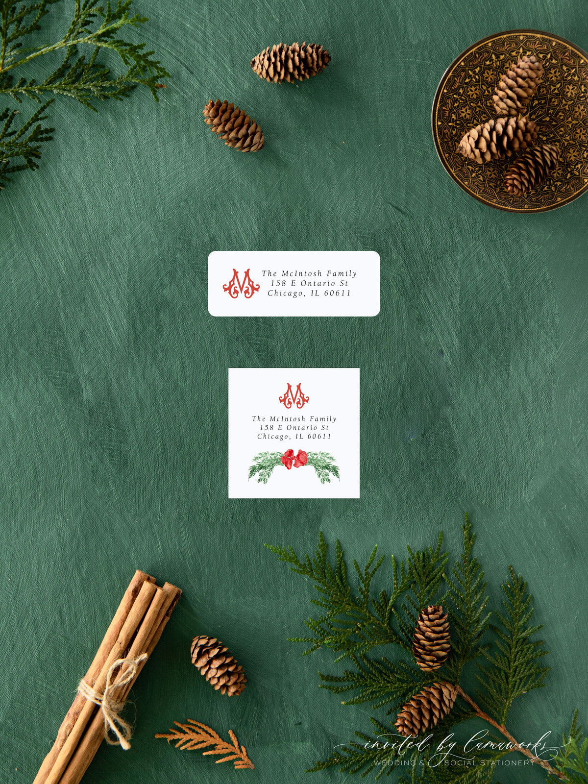 Red Bow Monogram Swag Return Address Label