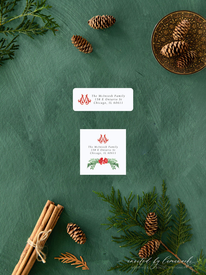 Red Bow Monogram Swag Return Address Label