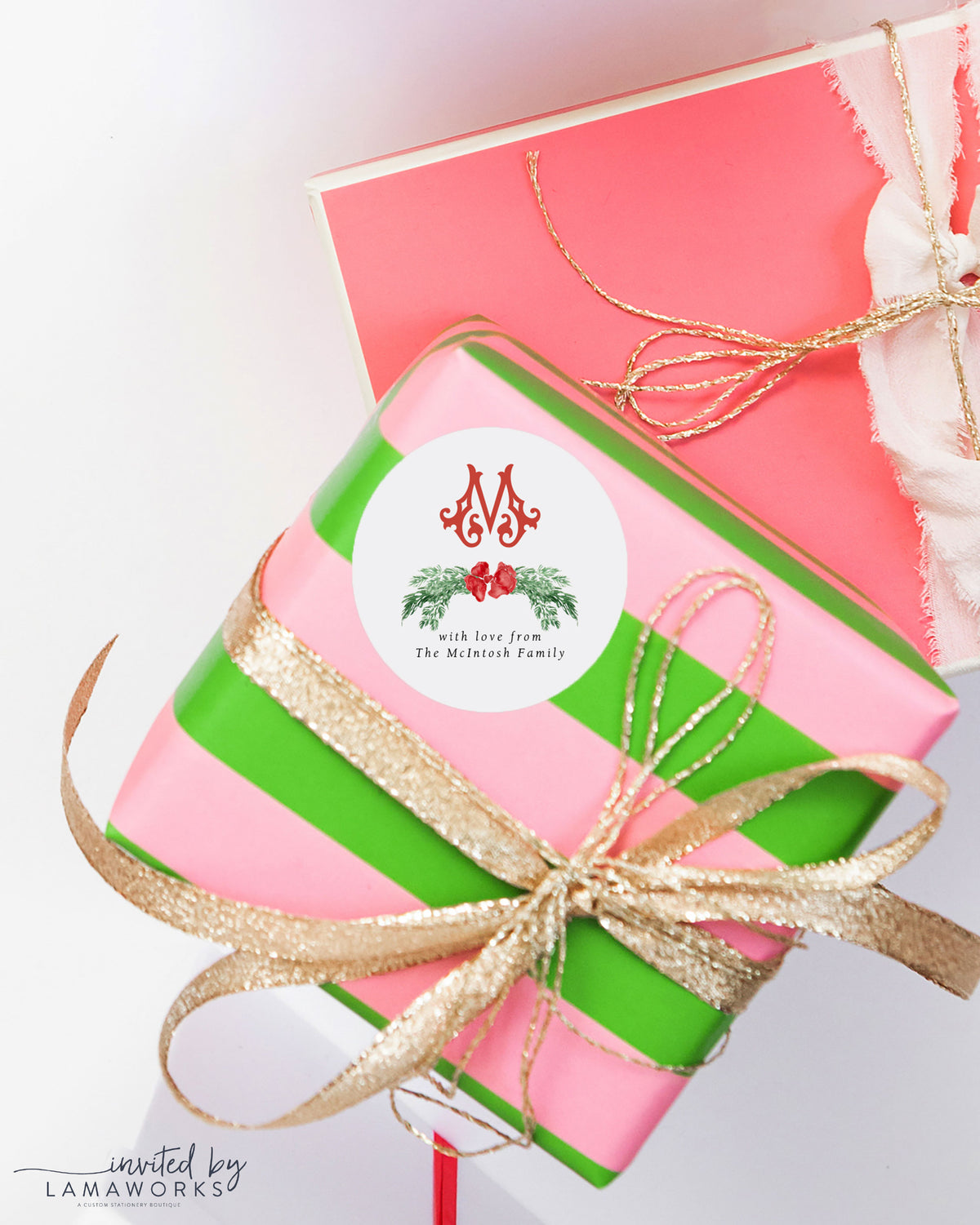 Red Bow Monogram Swag Watercolor Christmas Gift Sticker