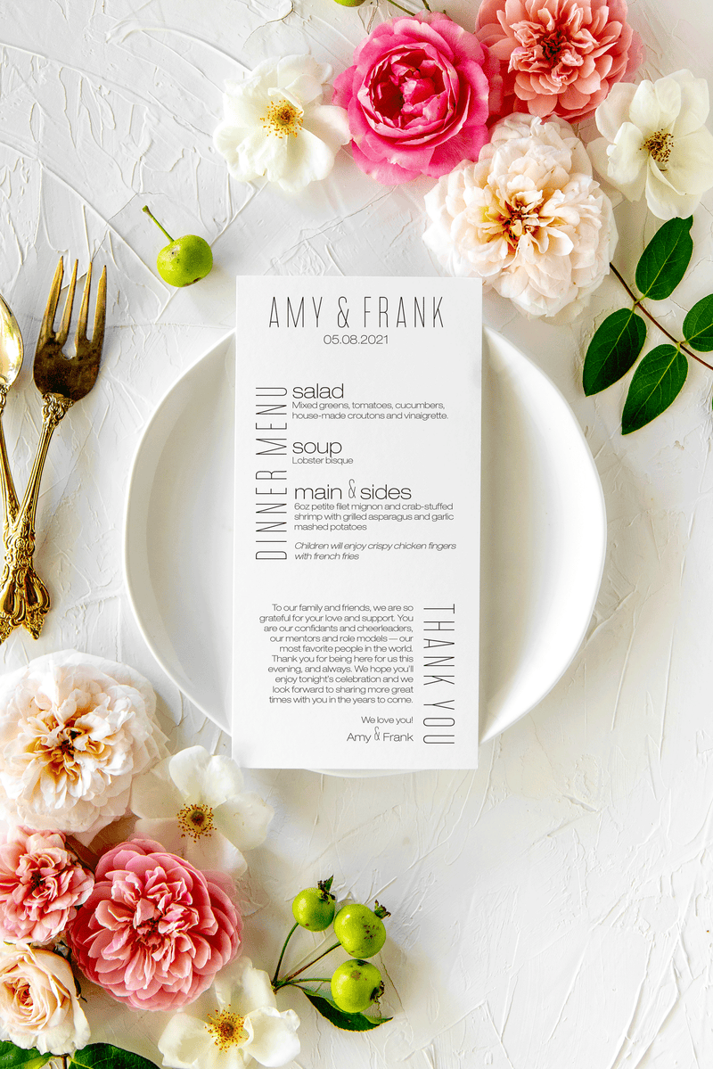 Modern Wedding Menu with Thank You Note | Amy