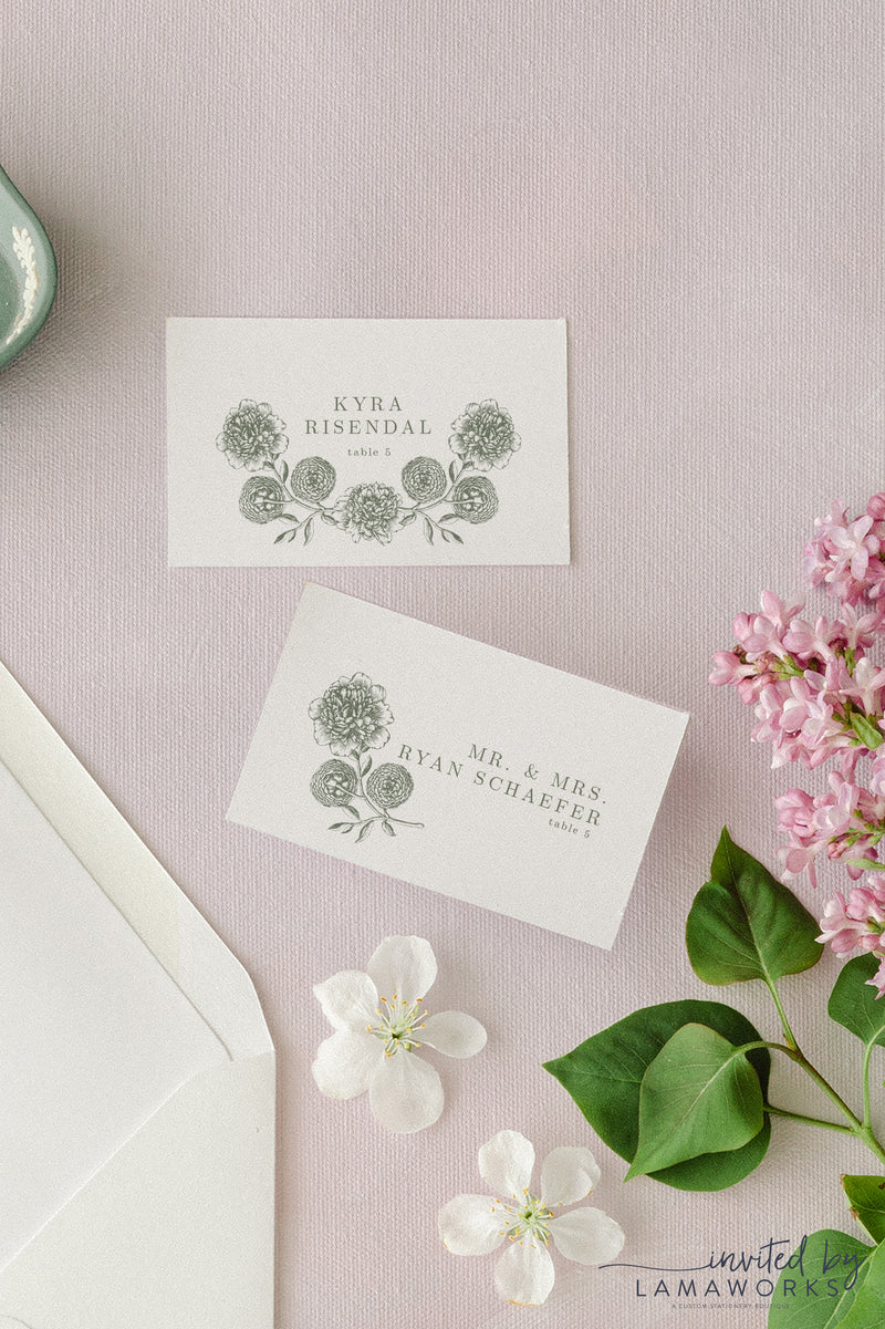 elegant line drawn floral place cards or escort cards