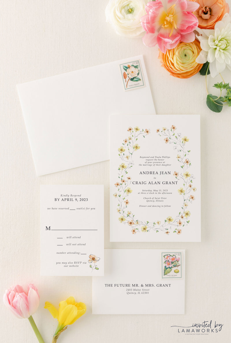 Floral wedding invitation and RSVP card with watercolor flowers in yellow and orange along with line drawn sketches