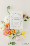 Whimsical floral wreath wedding invitation with watercolor painted flowers