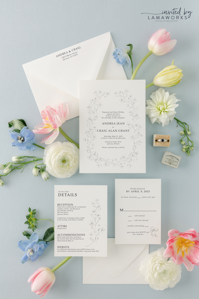 Whimsical floral wedding invitation with a floral wreath