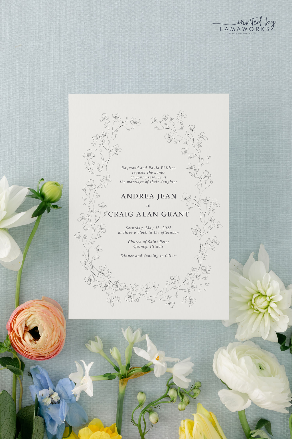 Fine art line drawn floral wreath wedding invitation