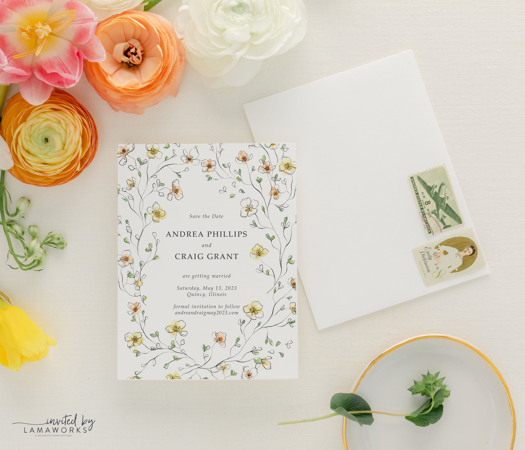 yellow and orange floral watercolor wedding save the date card