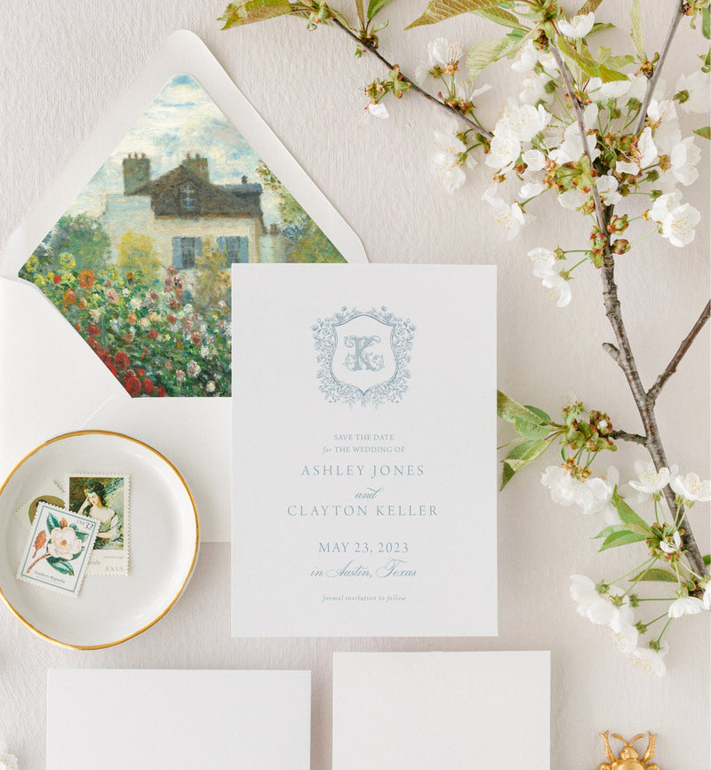 Delicate Blue Save the Date for Traditional Wedding Elegant Monogram Crest and Fine Art Envelope Liner |  | Ashley