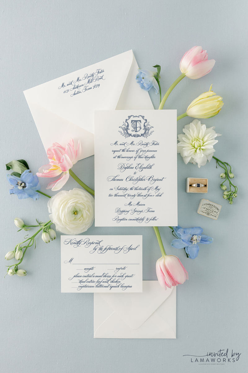 Vintage crest with intertwined letter monogram wedding invitation and rsvp card