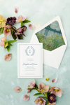 Delicate Blue Classic, Elegant Wedding Save the Date with Monogram Crest and Fine Art Envelope Liner | Evangeline