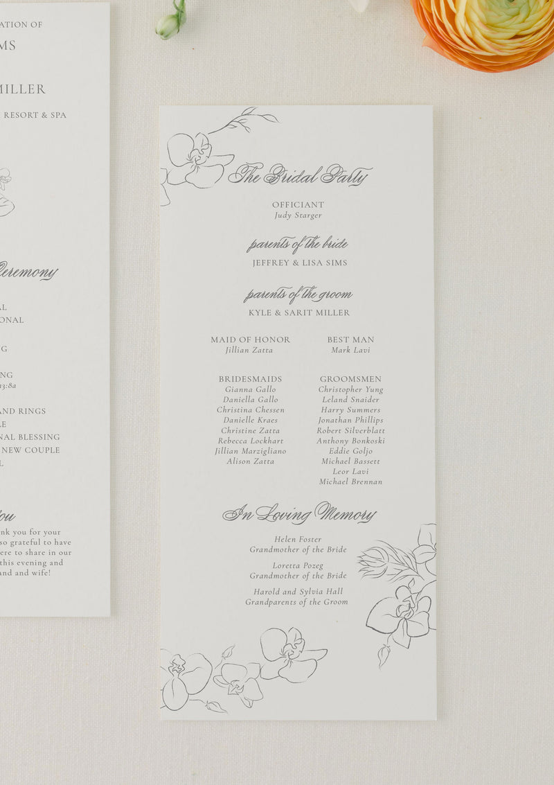 wedding ceremony program with flowers and bridal party list