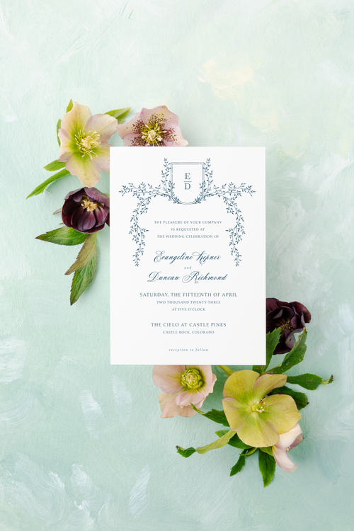 Dusty Blue Classic, Elegant Wedding Invitation Suite with Monogram Crest and Fine Art Envelope LIner || Evangeline