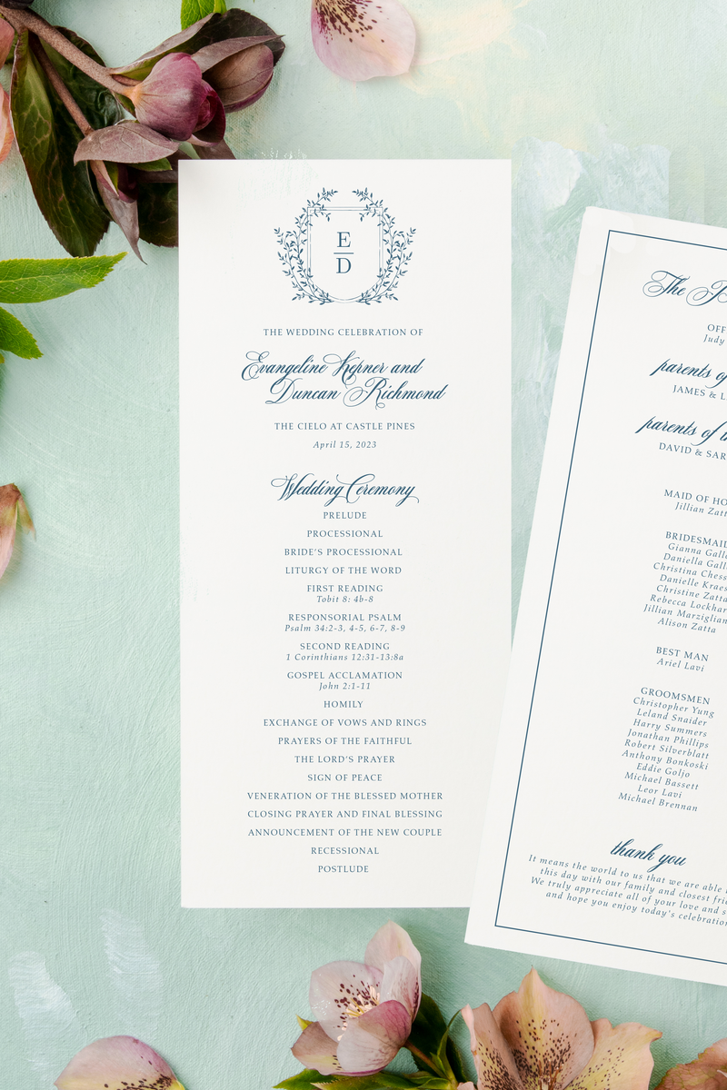leaf monogram crest wedding program, simple, elegant design