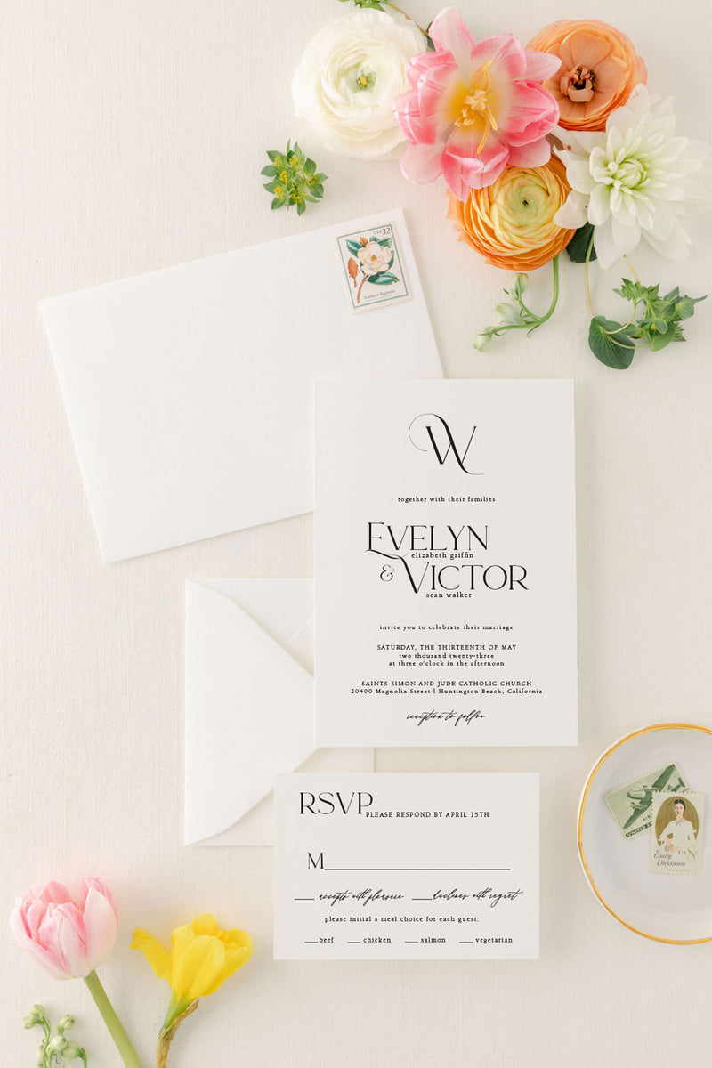 Minimalist, Modern Monogram Wedding Invitation - Evelyn