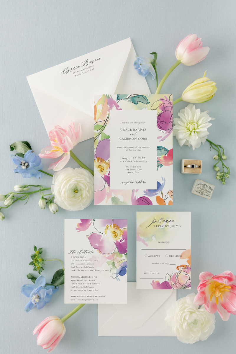 Elegant Watercolor Wedding Invitation Suite with Bright Summer Flowers | Grace