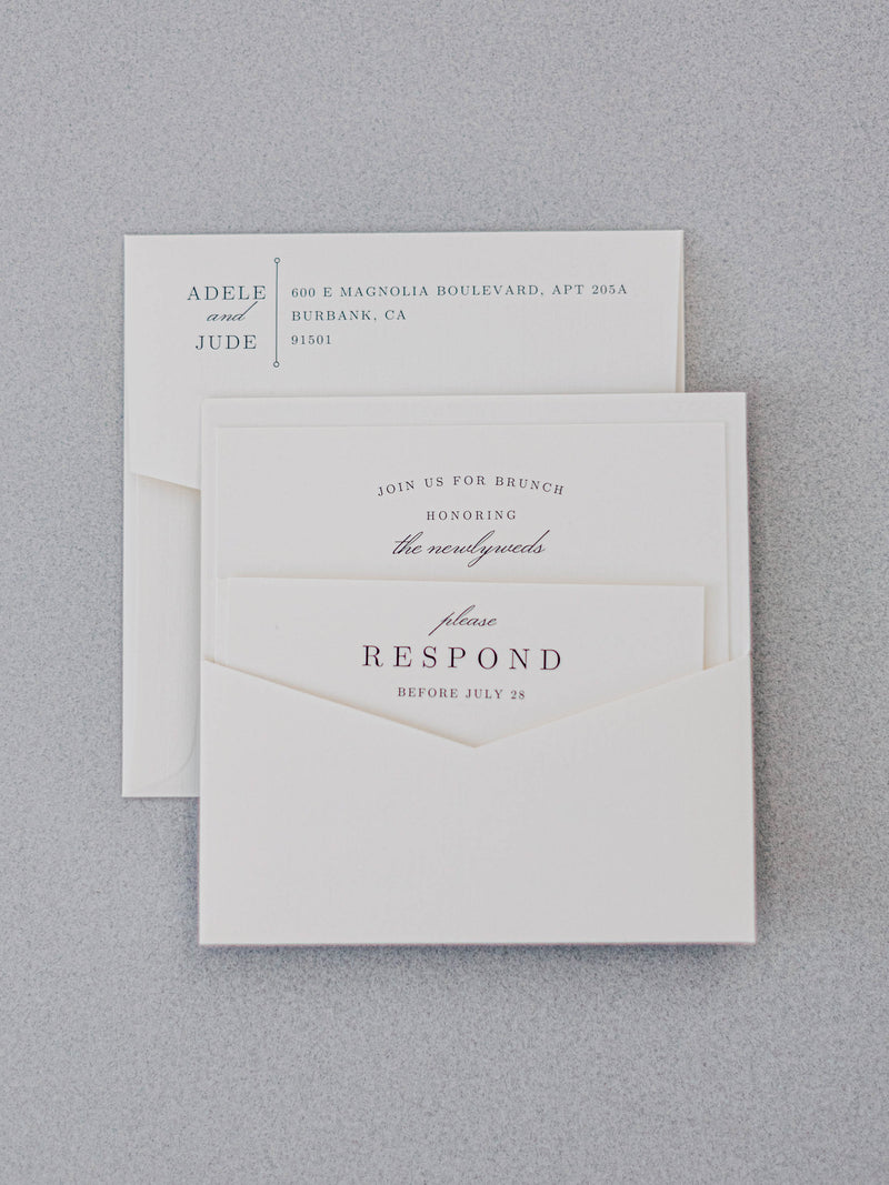 Square wedding invitation with the pocket on the back of the invite