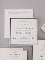elegant square wedding invitation in black and ivory