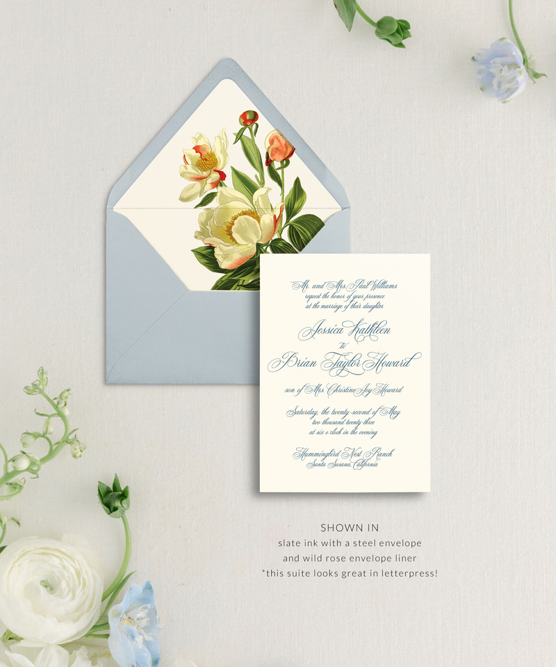 calligraphy wedding invitation in steel blue with a dusty blue envelope and vintage botanical rose envelope liner