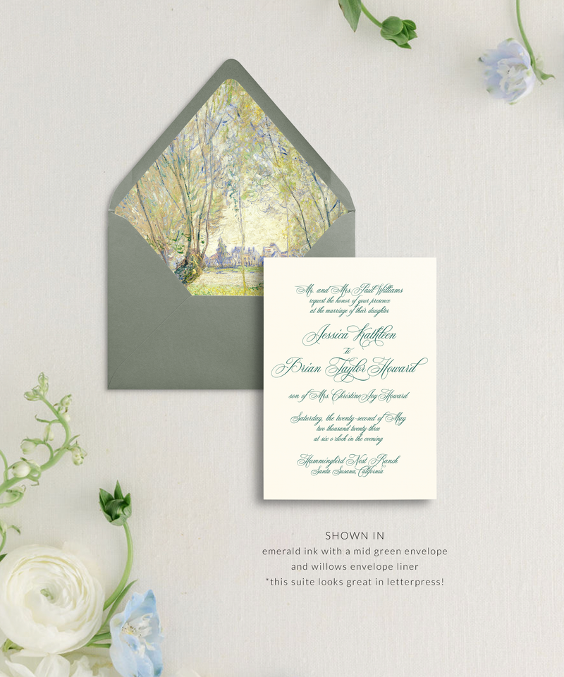 invitation with green ink, green envelope and vintage fine art willows envelope liner