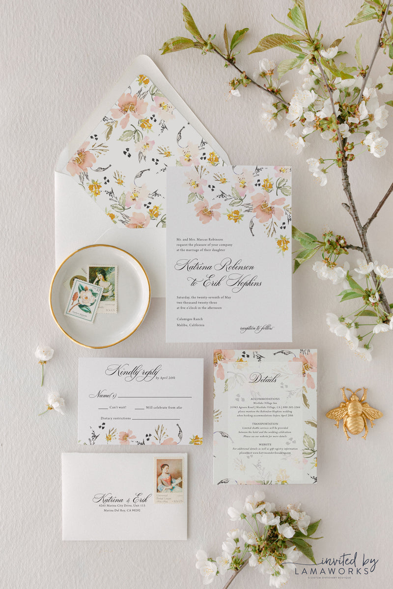 Traditional wedding invitation suite with peach, yellow and pink flowers - invitation, details card, RSVP card and envelope liner.