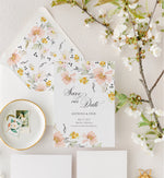 pastel floral wedding save the date and envelope liner