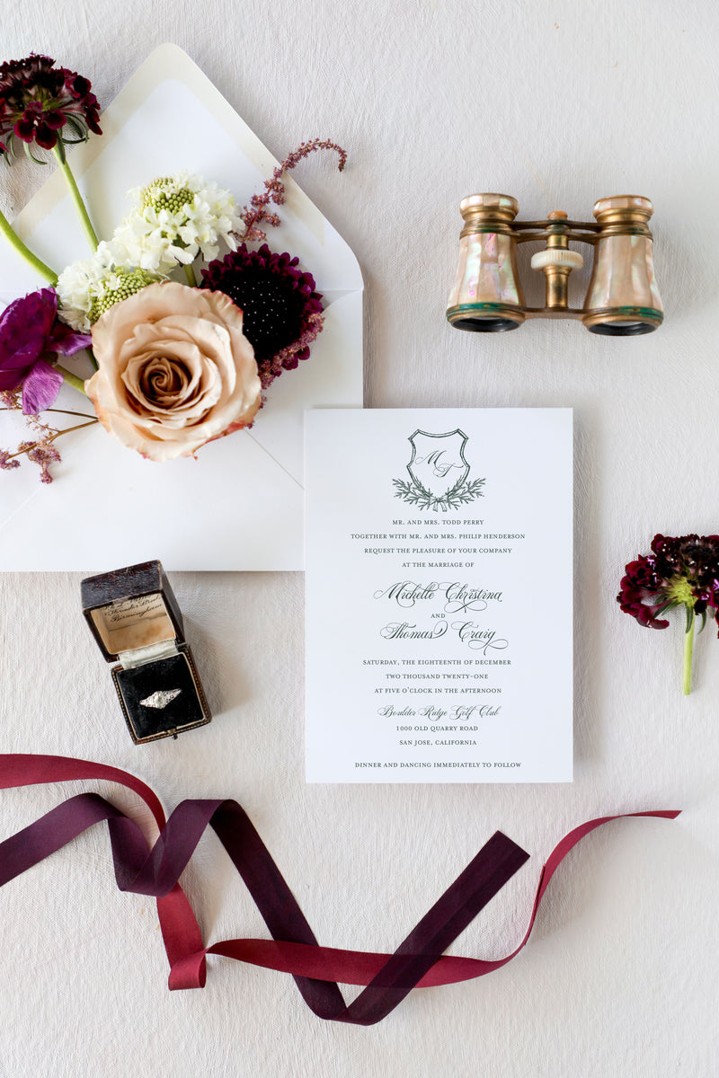 Winter Evergreen Crest Wedding Invitation Suite | Michelle