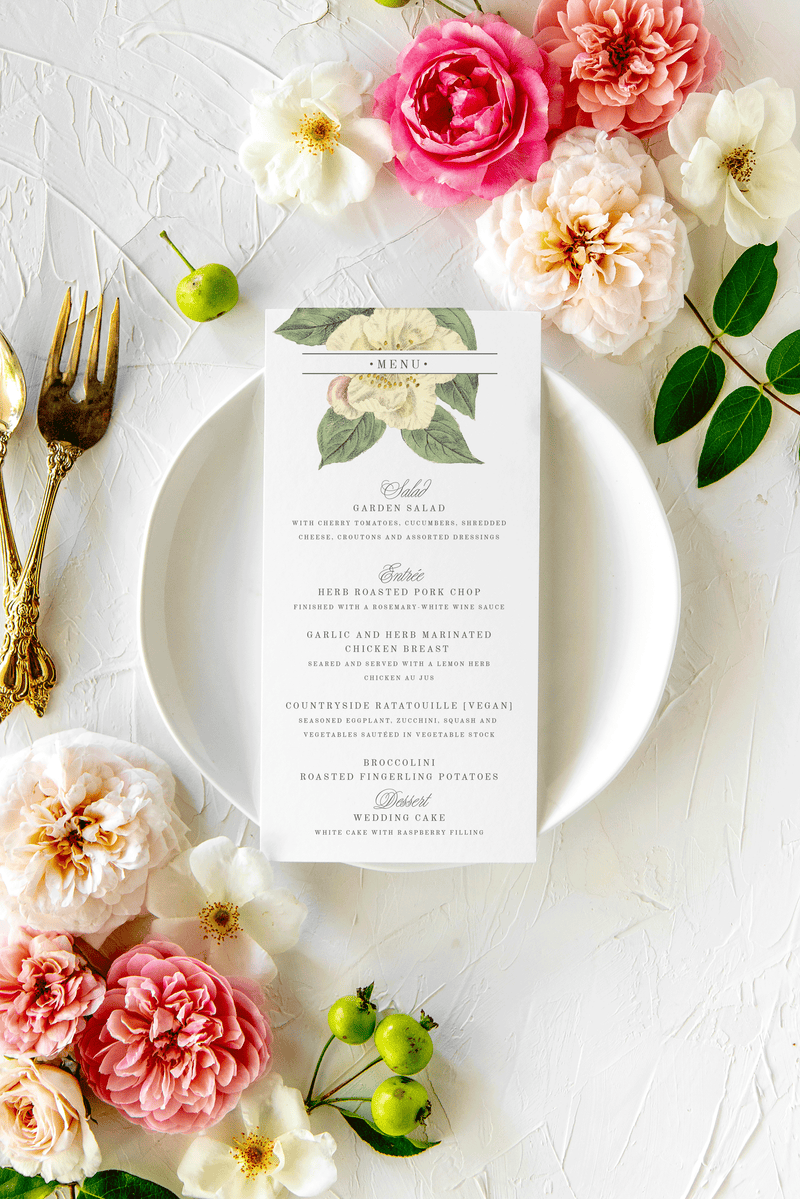 Custom Watercolor Rose Printed Menu Cards for a Boho Wedding | Rebecca