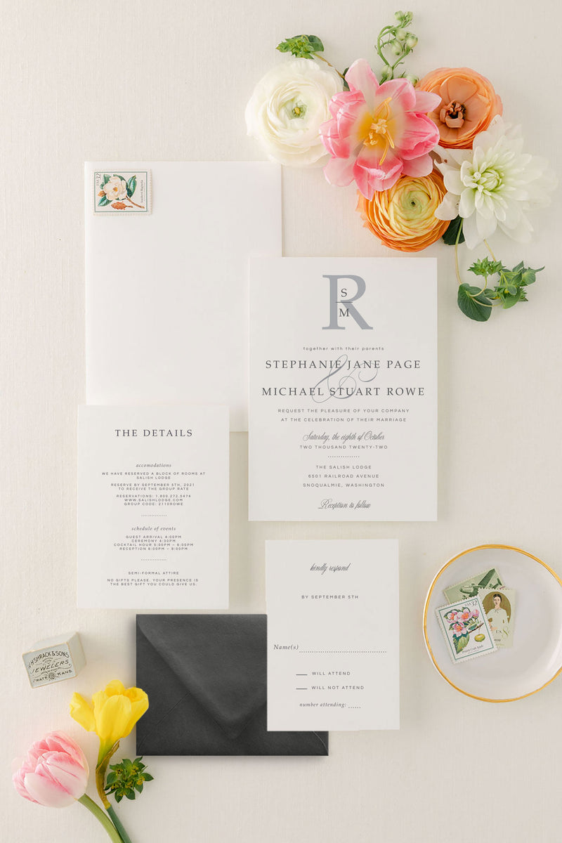 Classic, Elegant Wedding Invitation Suite with Monogram - Stephanie