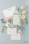 classic and traditional wedding invitation with blue and white hydrangeas