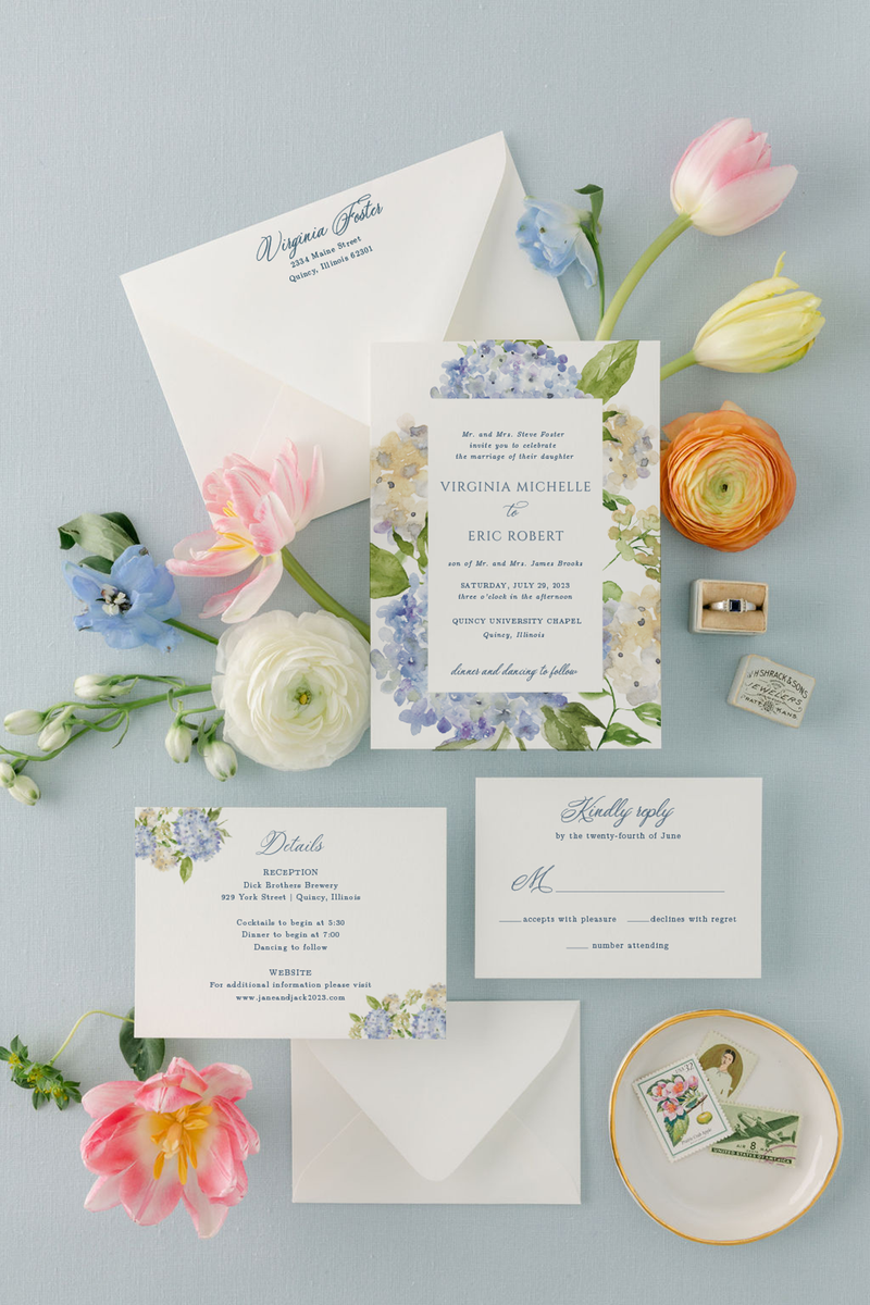 watercolor hydrangea wedding invitation suite
