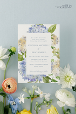 Blue and ivory watercolor hydrangea wedding invitation