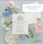 custom wedding save the date with monogram crest in green
